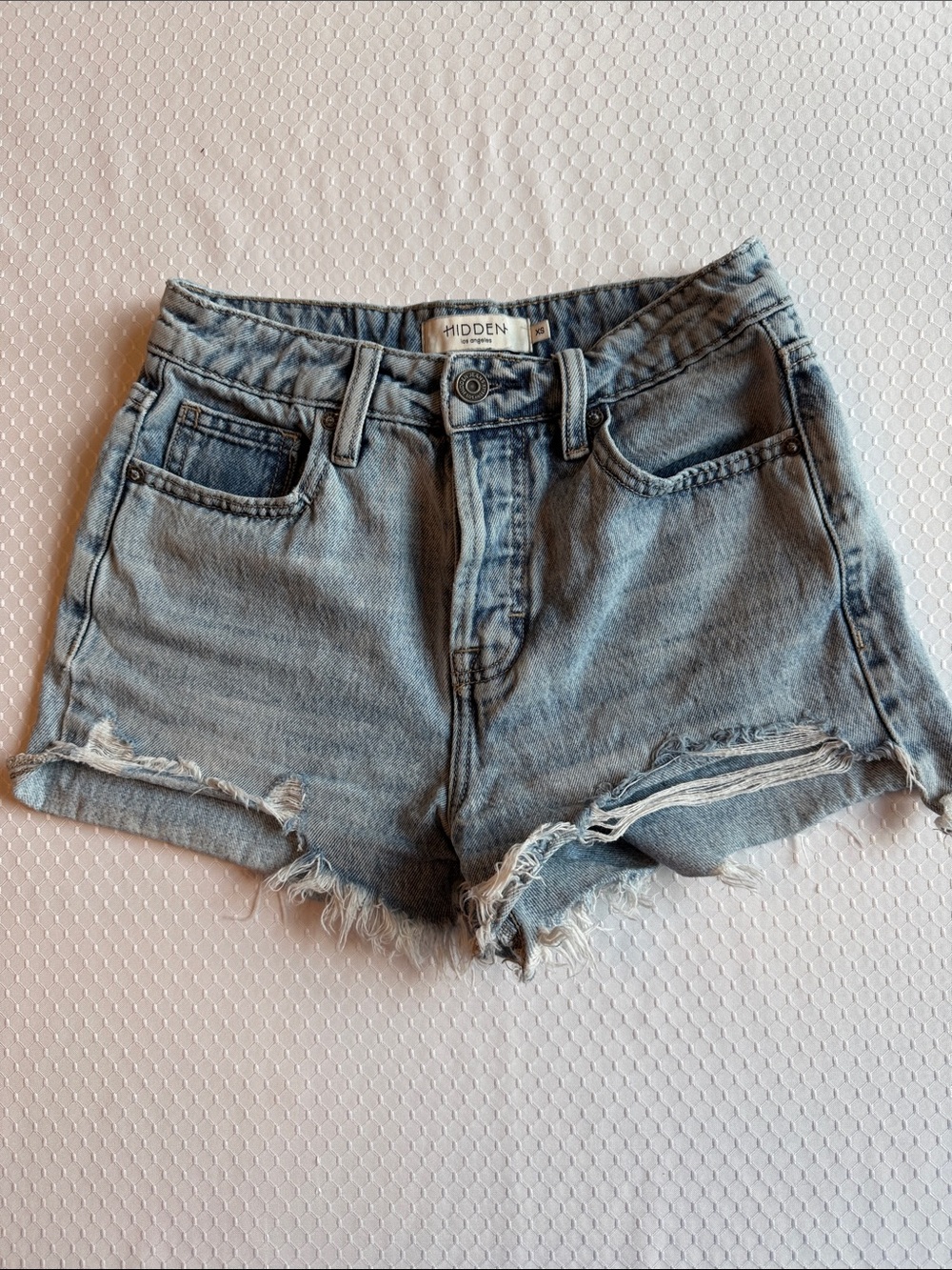 Hidden Denim Light Blue Frayed Denim Jean Shorts
